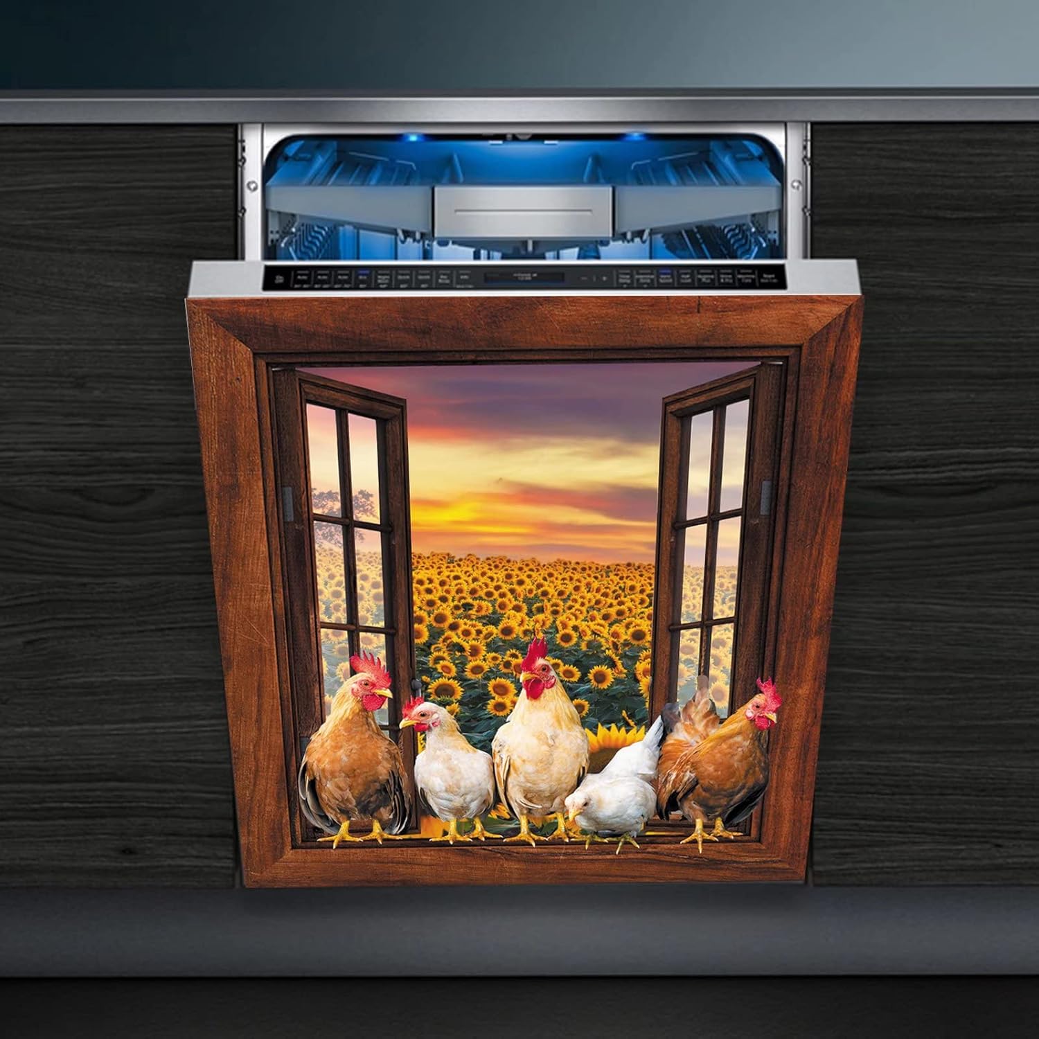AWAK Country Chicken Dishwasher Magnet Cover,Farm Sunflower Dish Washer Door Sticker,Farmhouse Rooster Fridge Magnetic Kitchen Decor,Hen Decals Refrigerator Panel,Funny Farm Home Appliance Wallpaper