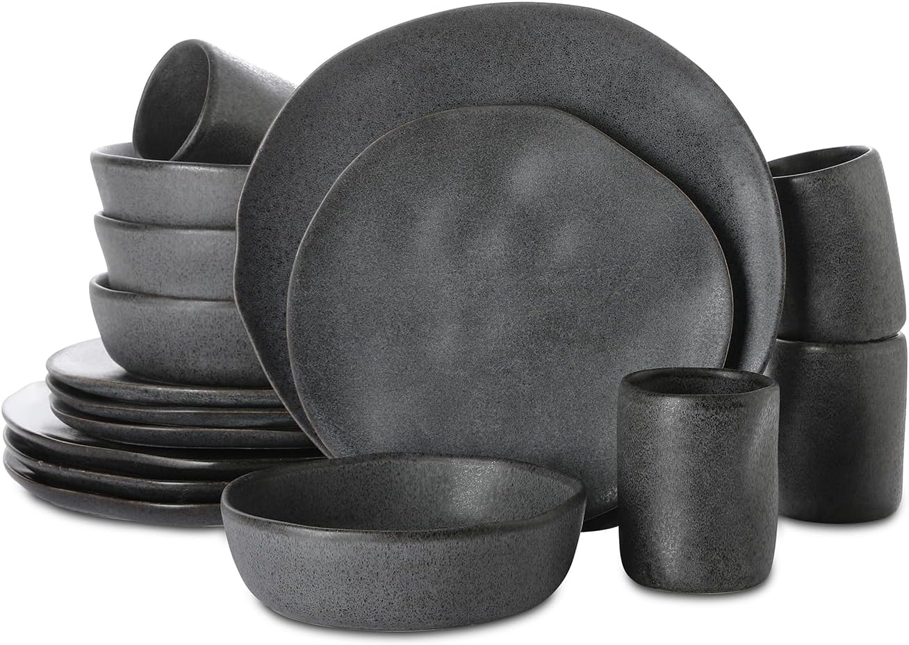 Stone by Mercer Project HEKONDA Modern Debossed Stoneware 16-Piece Dinnerware Set,Plate and Bowl Set, Dish Set for 4, Gray Service For 4 - 16 Pieces Gray