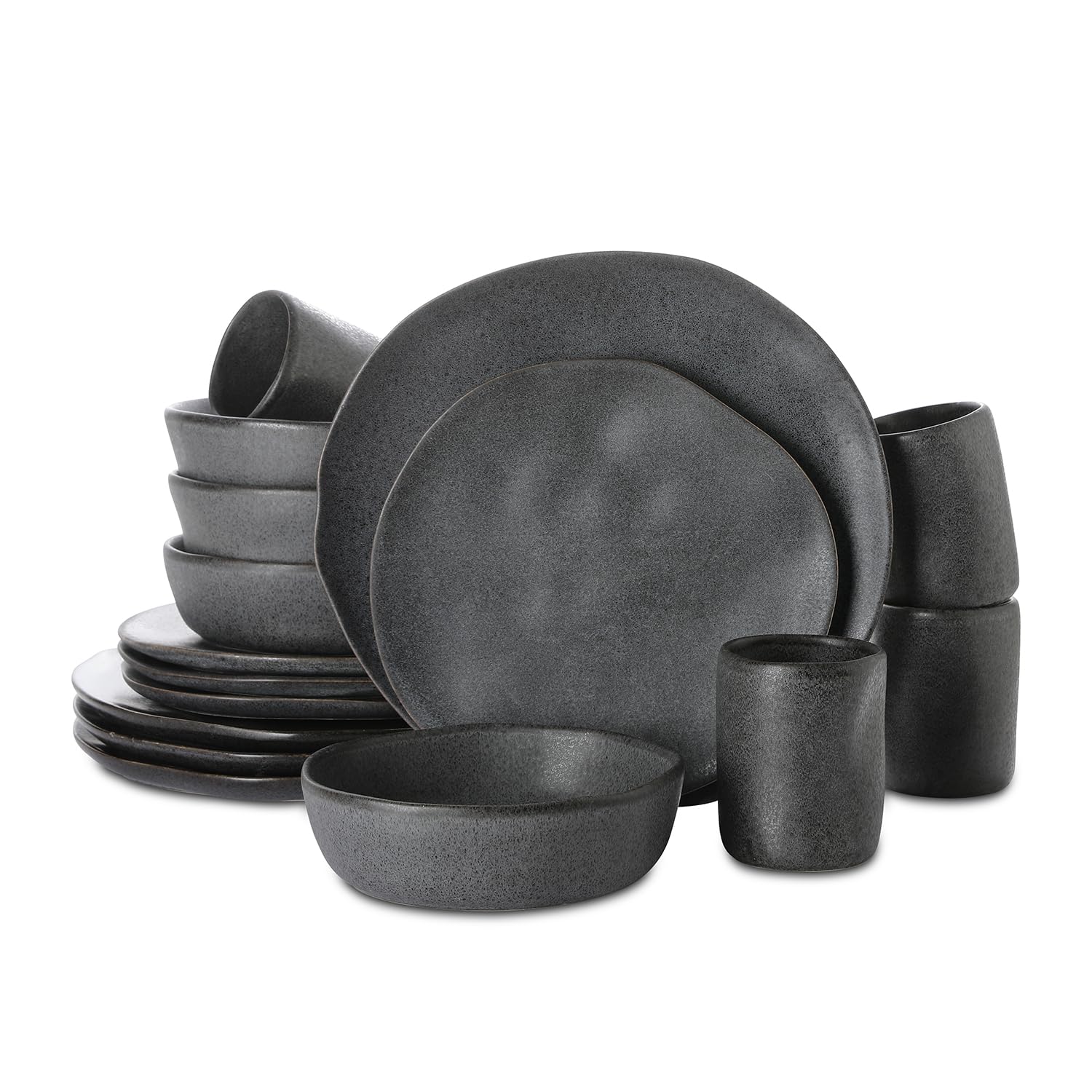 Stone Lain by Mercer Dented Debossed Stoneware 16-Piece Dinnerware Set, Grey
