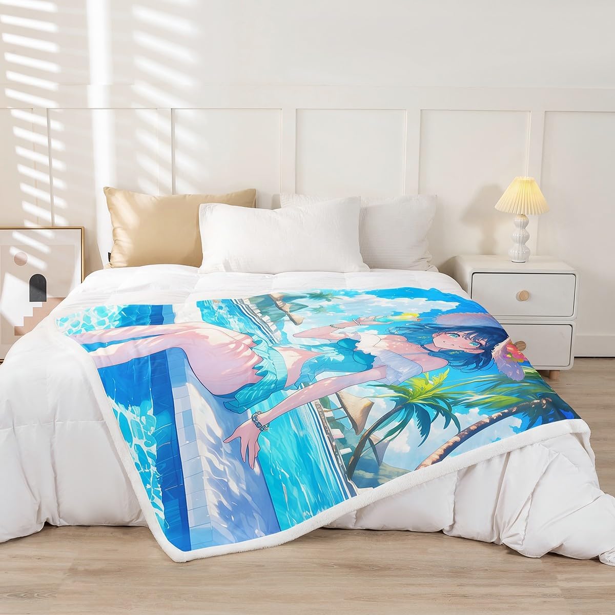 Hawaii Girl Flannel Fleece Blanket,Japanese Style Kawaii Princess Super Soft Blanket for Sofa Couch,Summer Swimming Pool Tropical Palm Trees Blue Sky Bed Blanket for Bedroom,Twin 60"x80"