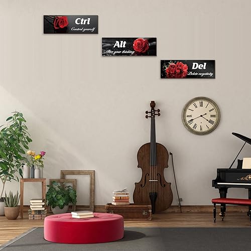 Miniatura 4 de Arte de pared rojo de 3 piezas, rosas rojas con citas positivas, arte de pared de madera para oficina, dormitorio, baño, sala de estar (12 x 4