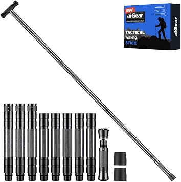 aiGear Tactical Walking Stick, 59.67 in Adjustable Hiking Staff, Black | Aluminum Alloy 8-Tube Hiking Staff with Multitool, T-Handle or Straight Grip, Reinforced Design and Canvas Waist Bag