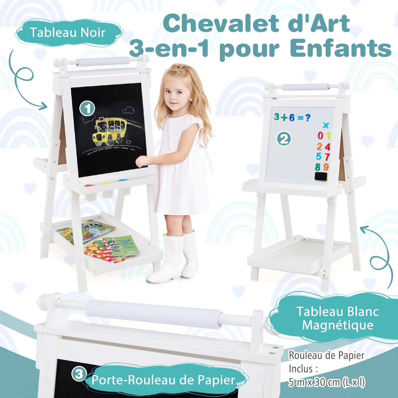 GOPLUS 3 en 1 Tableau Enfant Double Face, Chevalet d'art Enfant Hauteur Réglable, avec Tableau Blanc/Noir Magnétique, Rouleau de Papier, 3 Gobelets à Peinture, 3 Plateaux (Blanc)