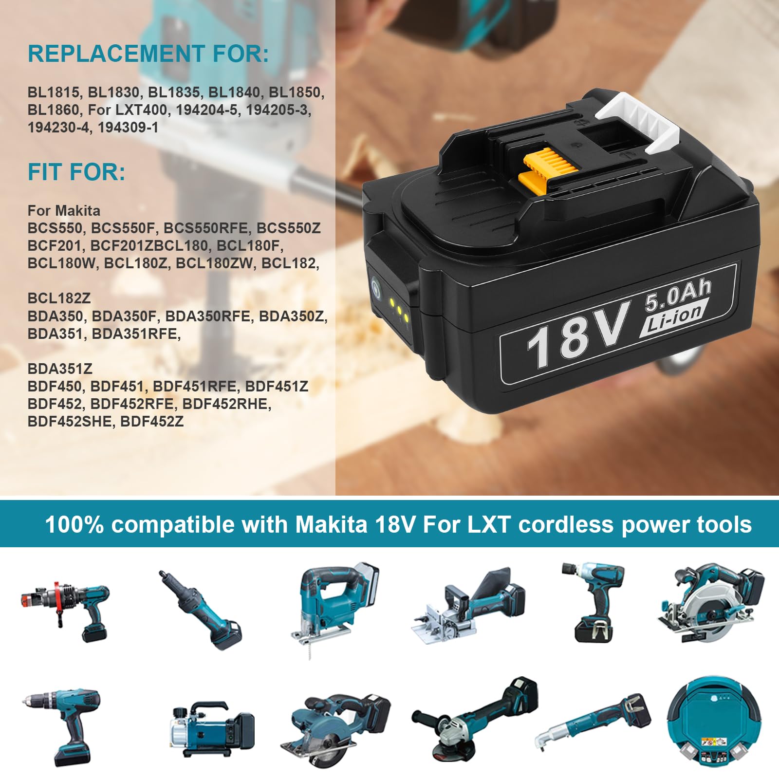 Batterie et chargeur 18 V 5,0 Ah pour batterie Makita LXT DC18RC Chargeur rapide Compatible avec toutes les batteries Makita 14,4 V-18 V Li-ion BL1850 BL1840 BL1815 BL1830 BL1430