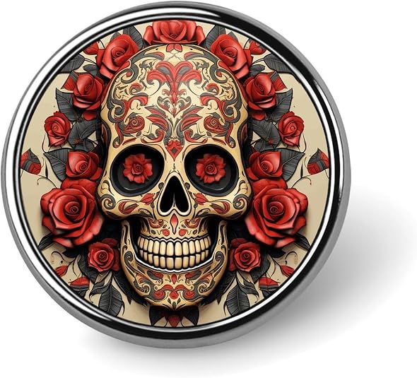 Red Rose Sugar Skull Lapel Pins Round 1 Inch Lightweight Brooch Pins