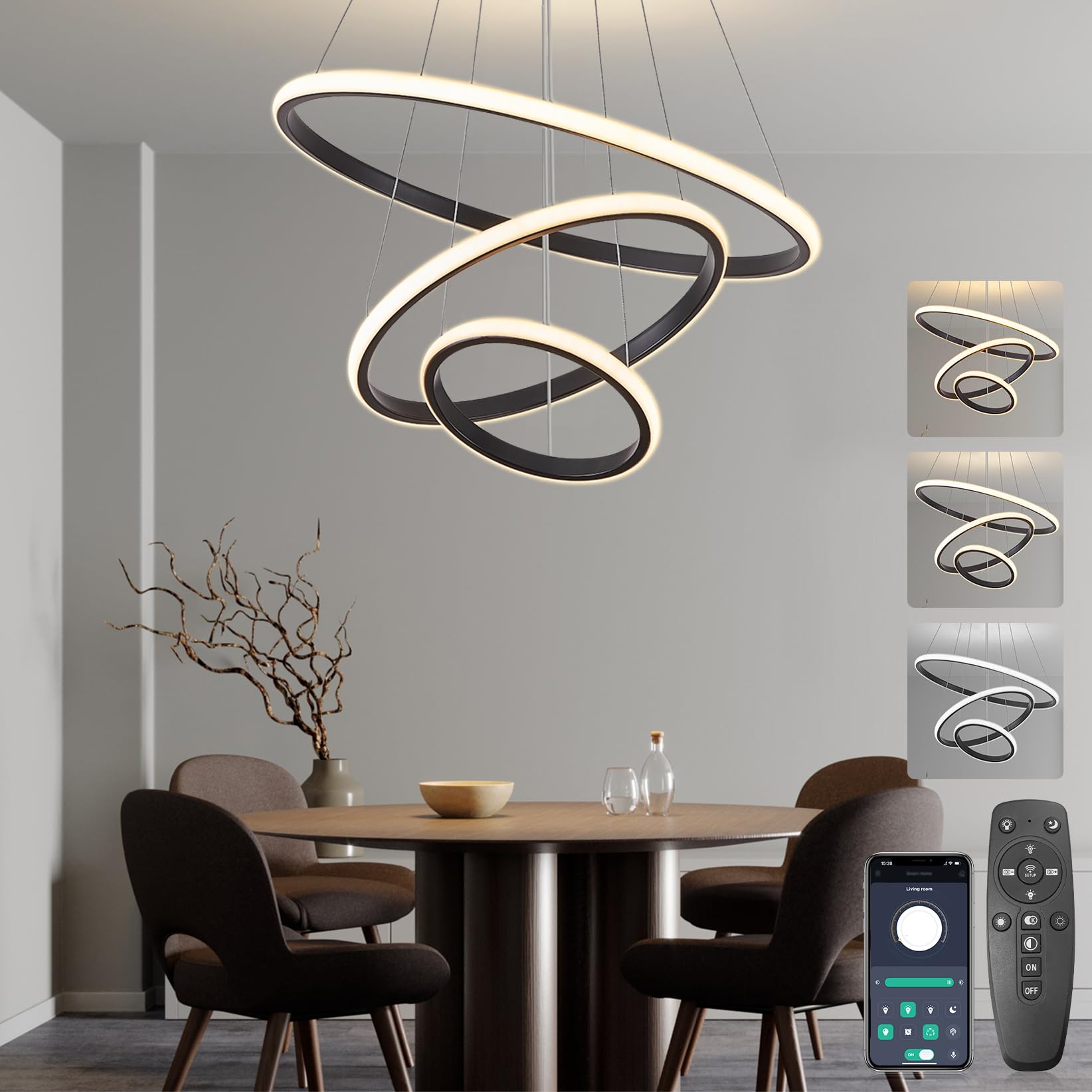 Pendelleuchte Esstisch Schwarz,BRIMETI Esstischlampe 50cm Höhenverstellbar Esszimmerlampen 45W 3-flammig Hängeleuchte Dimmbar Mit Fernbedienung LED Hängelampe Wohnzimmer Esszimmer Küchen Bar Leuchten