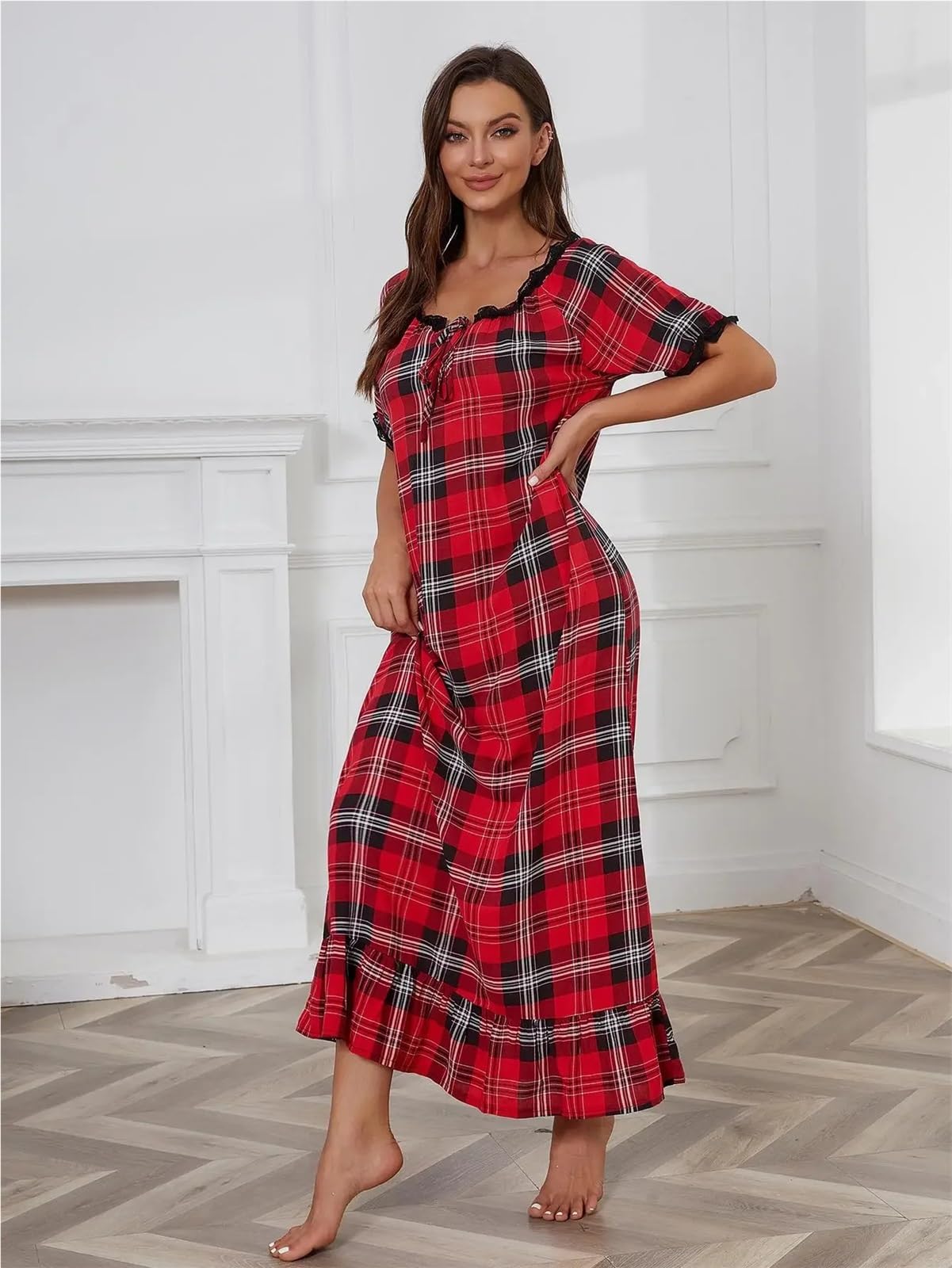 Camicia da Notte Pigiama da Donna con Camicia da Notte da Annodare, Maniche Corte, Pigiama con Orlo Lungo e Volant for la casa per Le Donne(XXL)