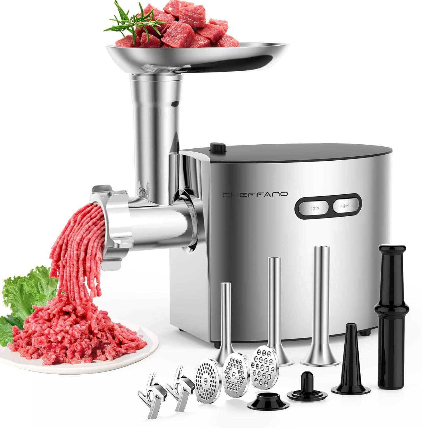 Electric Meat Grinder, Sausage Stuffer with 4 Size Sausage Tube, 2 Blades, 3 Size Plates, Kubbe Kit, 2600W Max, Meat Mincer Heavy Duty for Home Kitchen Use, Stainless Steel Silver-MG091-3SA