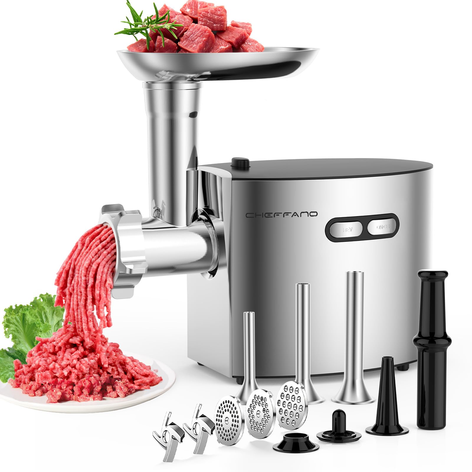 Electric Meat Grinder, Sausage Stuffer with 4 Size Sausage Tube, 2 Blades, 3 Size Plates, Kubbe Kit, 2600W Max, Meat Mincer Heavy Duty for Home Kitchen Use, Stainless Steel