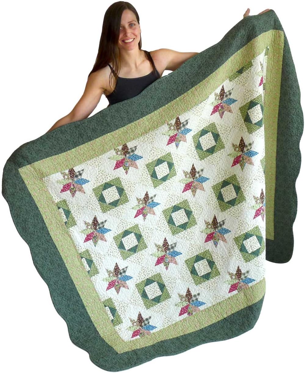 squish Antique Patchwork Quilted Oversize Throw 55x70-Inch - Green Star