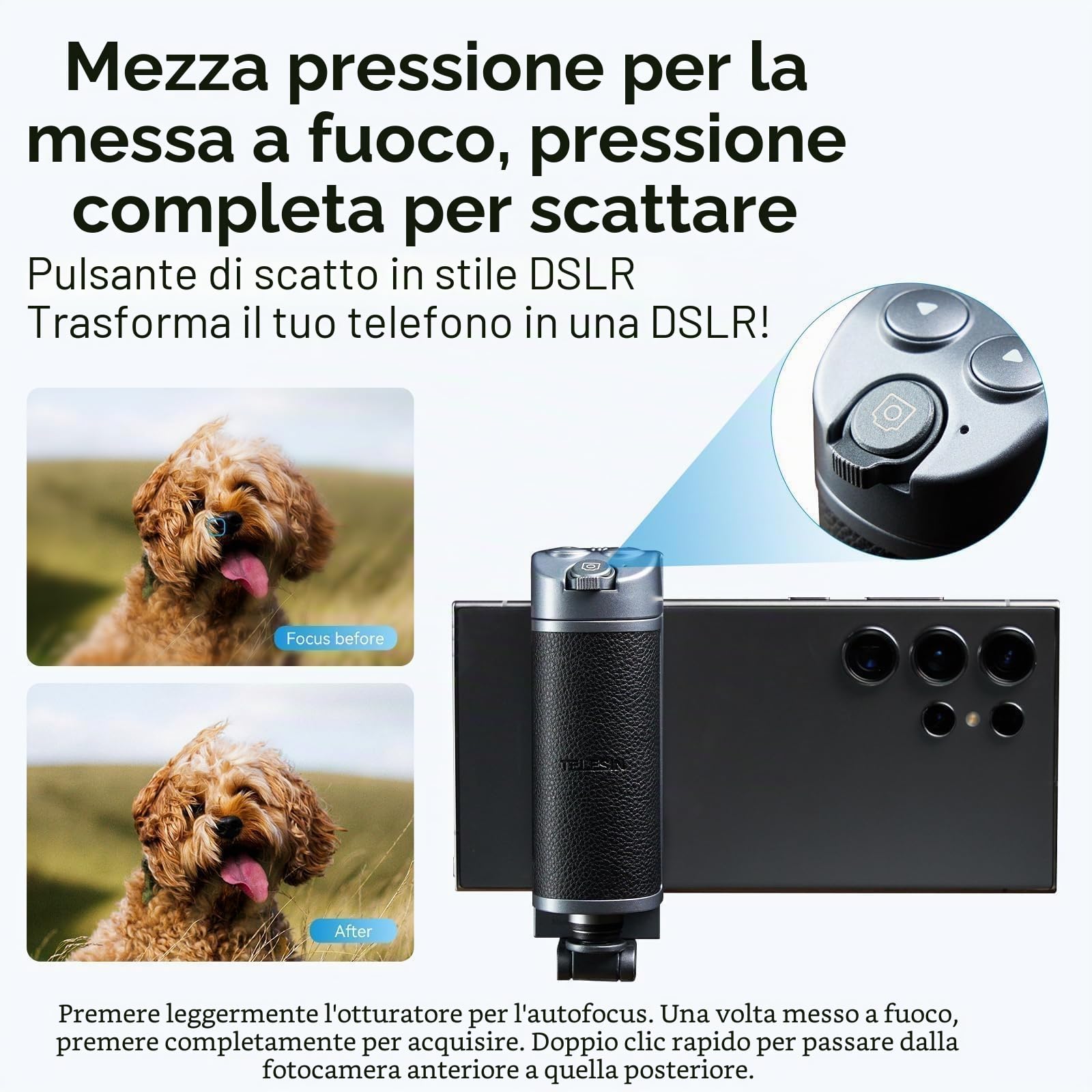 TELESIN° Grip Smartphone con Telecomando Bluetooth, Impugnatura Bastone per Selfie, Supporto per Phone (No CPL Lens)