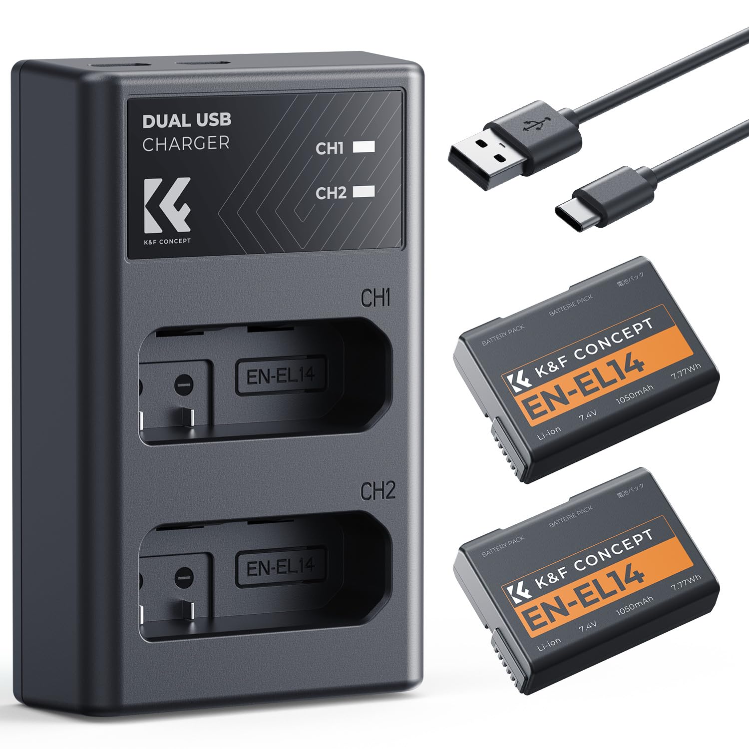 K&F CONCEPT EN-EL14 2 Pack Batería y Cargador de Cámara 1050mAh Compatible con Nikon D3500 D5600 D3200 D3300 D3400 D5500 Coolpix P7800 P7700 P7200 P7100 P7000