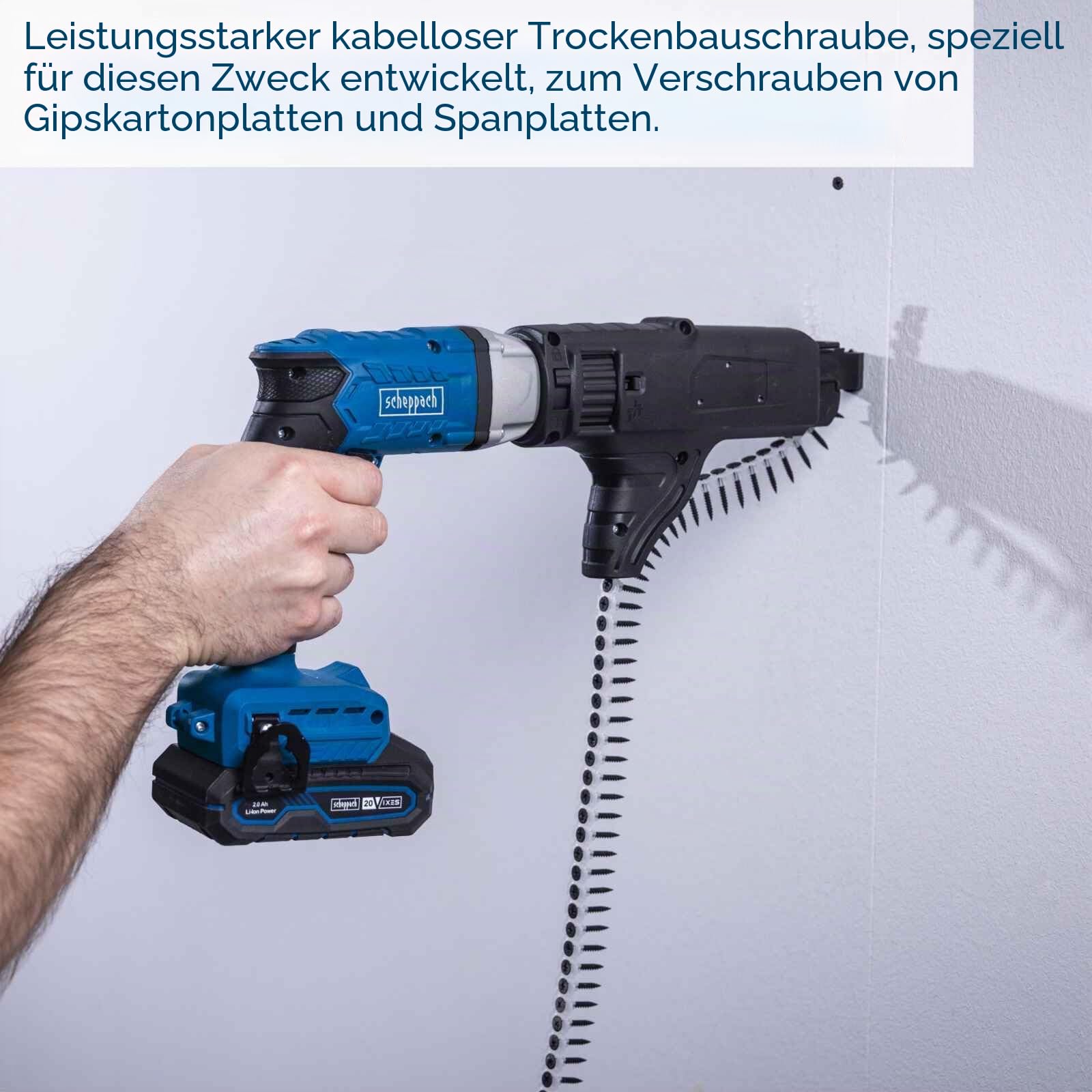 Scheppach Akku Trockenbauschrauber BC-DWD400MS-X mit Depth-Adjustment-Funktion & Zubehör | Drehmoment 30Nm - 1/4" | Drehzahl 4000 min-1 | 20V-IXES-Serie | 10 Jahre Garantie | mit 2Ah Akku & Ladegerät