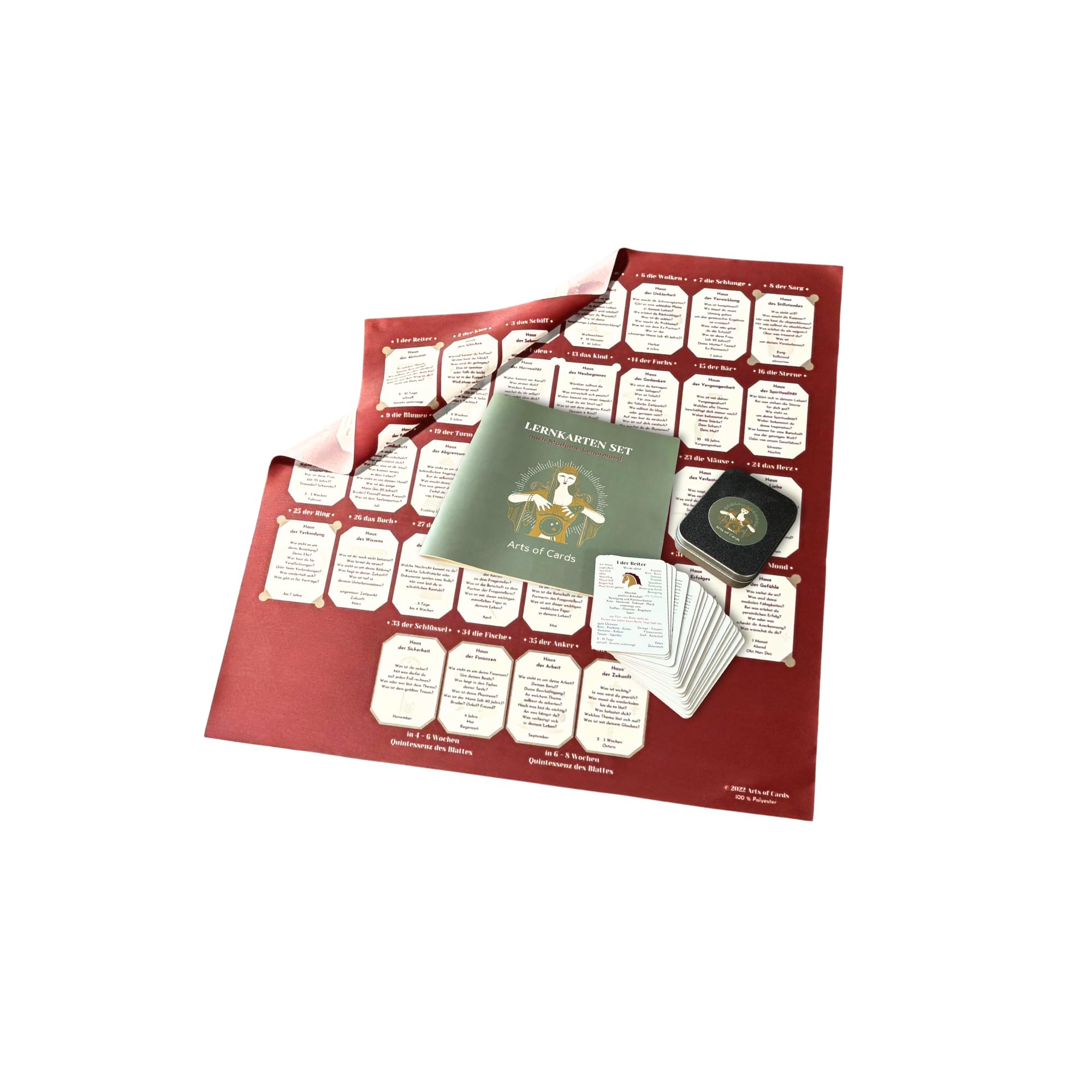 Lenormand Lernkartenset 8x4 für Anfänger und Fortgeschrittene | 8x4+4 Karten, Grand Tableau Lenormanddeck, Legeschablone als Tuch, Booklet inklusive, Einfach Kartenlegen lernen