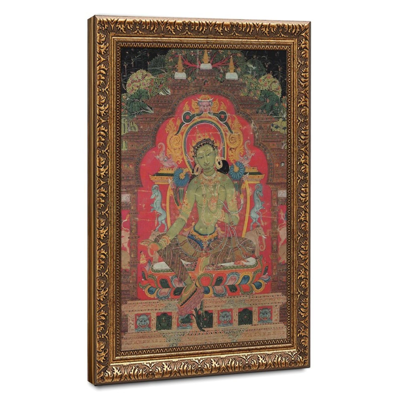 WCYB Thangka of Green Tara Prints Posters Canvas Deco Paintings Wall Art For Office Hangable Frame 16" L X 24" W