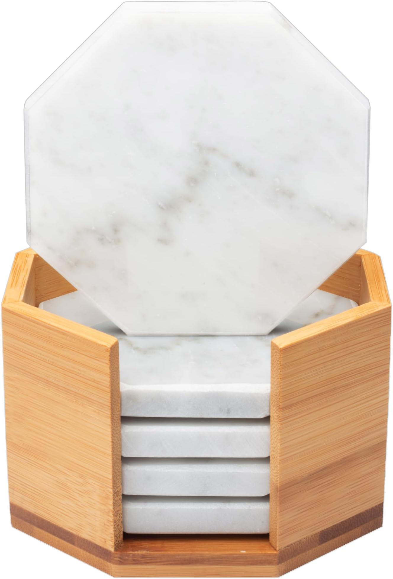 White Carrara Marble Coasters (Set of 5)- Durable, Thick Coasters w Coaster Holder for Easy Storage - Protects Any Table Type & Fits Any Mug, Drinking Glass, Barware -Great Wedding