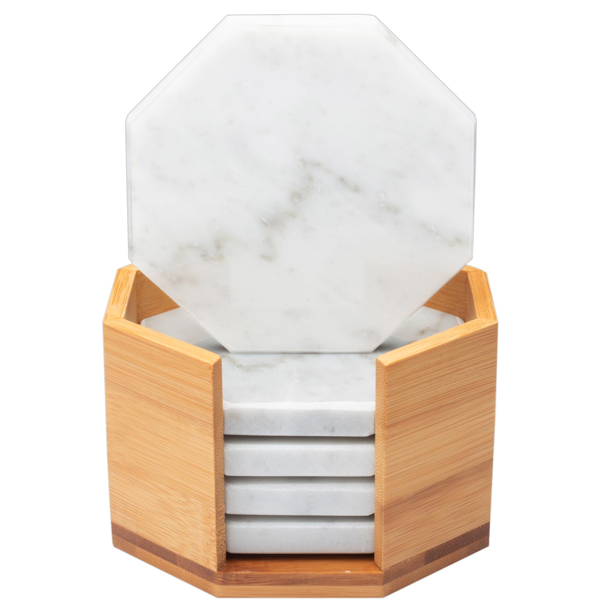 White Carrara Marble Coasters (Set of 5)- Durable, Thick Coasters w Coaster Holder for Easy Storage - Protects Any Table Type & Fits Any Mug, Drinking Glass, Barware -Great Housewarming & Wedding Gift