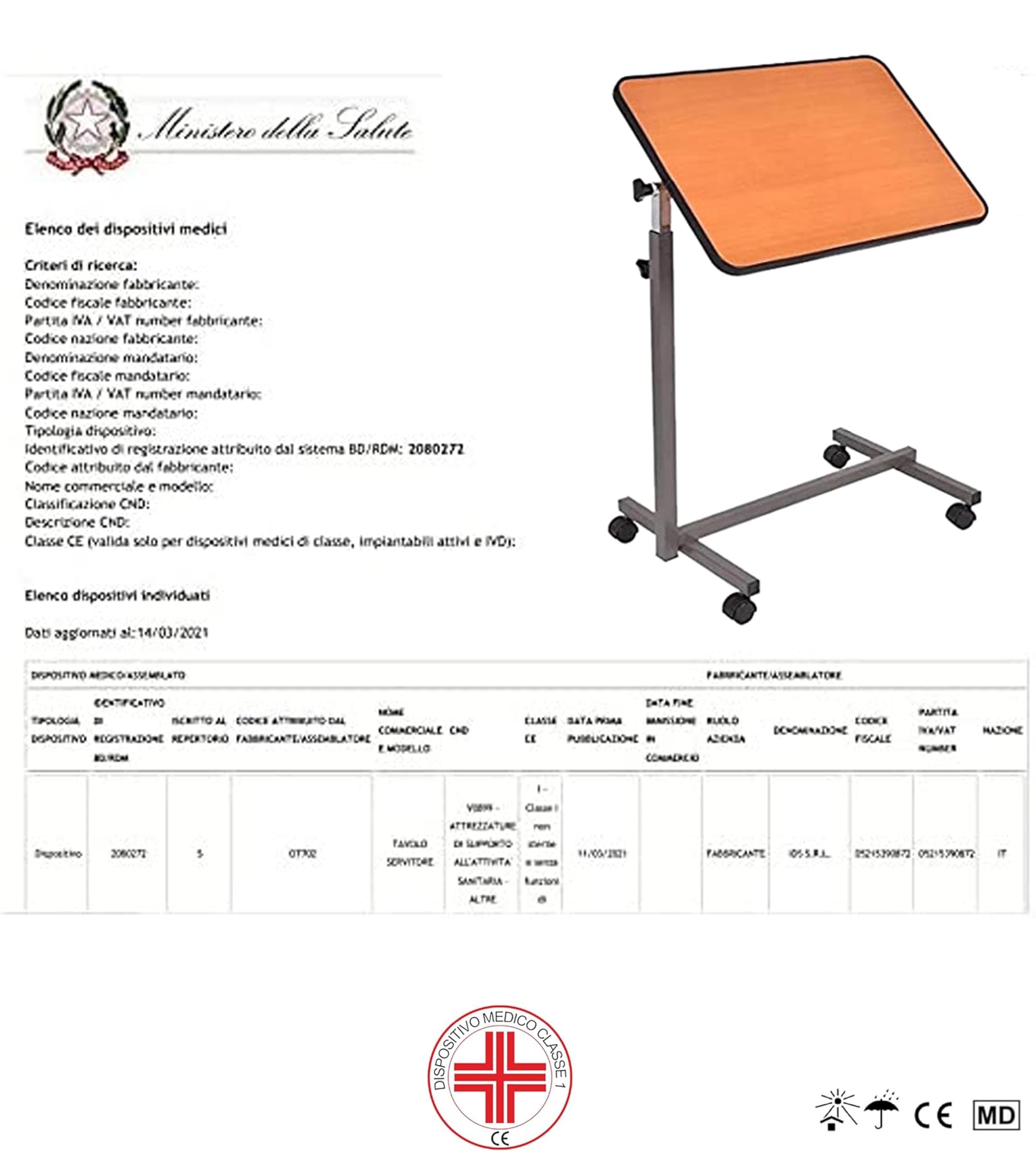APP LIFE Tavolino Servitore Letto Regolabile Pieghievole Con Ruote Dispositivo Medico Pazienti Allettati Identificativo di registrazione BD/RDO: 2080272/R, Marrone E Silver, 71-110cm
