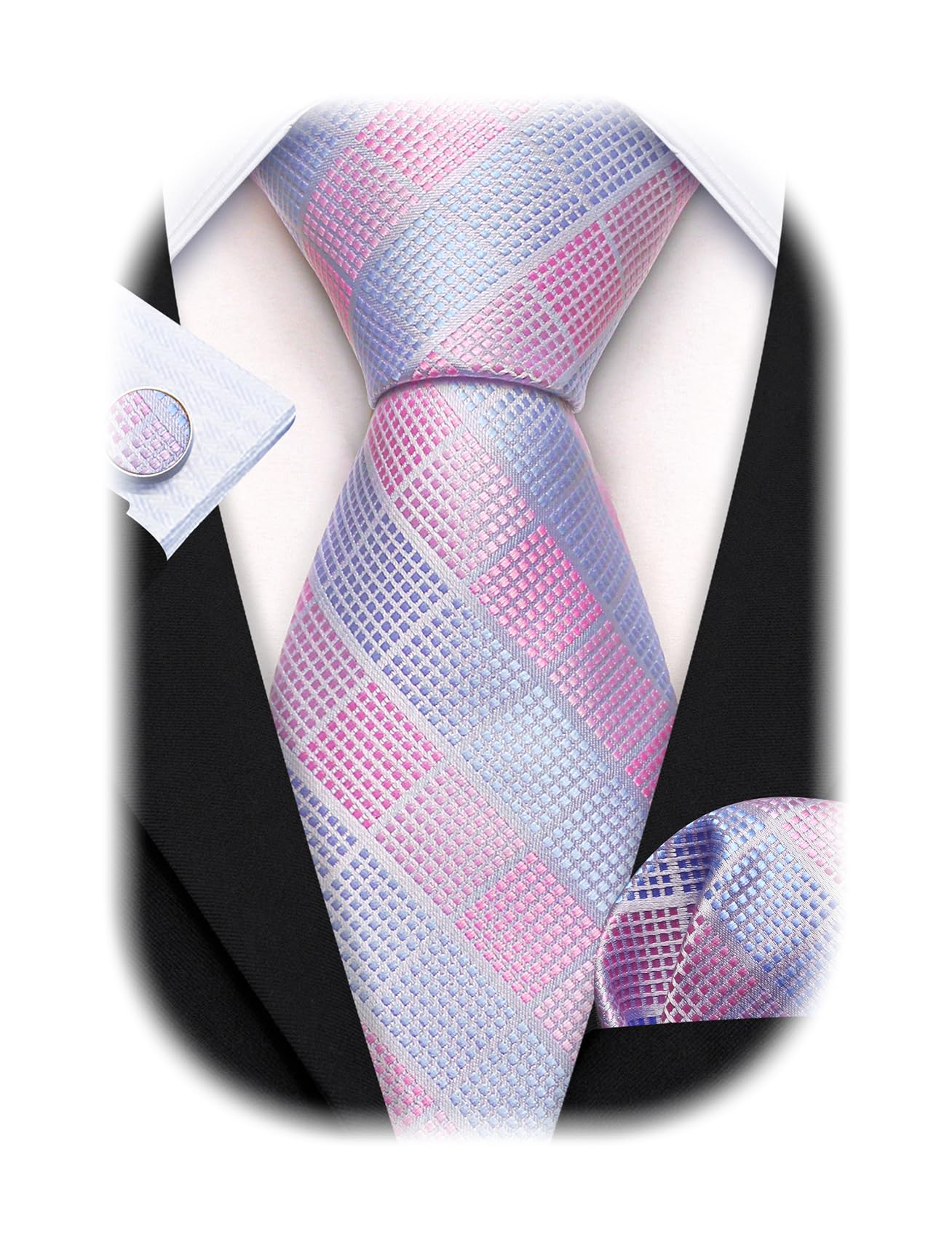 Barry.Wang Plaid Ties Checkered Mens Silk Necktie Handkerchief Cufflinks