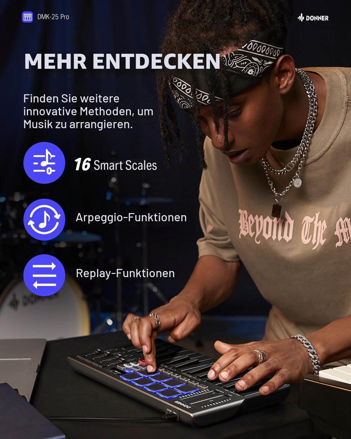 Donner DMK-25 Pro MIDI Keyboard Controller, tragbares USB-C-MIDI-Keyboard mit 25 Mini-Tasten, 8 Drum-Pads, OLED-Display, personalisierter Touch Bar, Musikproduktionssoftware und 40 Lernkursen