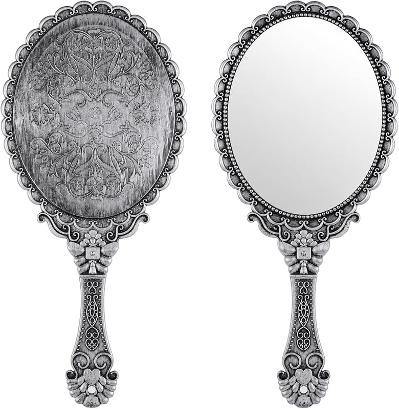 Espelho de mão oval Exircy com cabo, estilo retrô, prata, 25,0 x 11,5 cm, 1 unidade