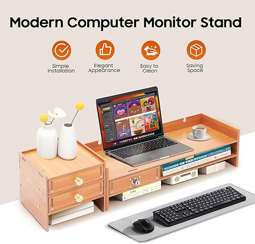 Miniatura 3 de Soporte de madera para monitor de computadora, estante de computadora con organizador de almacenamiento de escritorio ajustable y cajón, soporte de