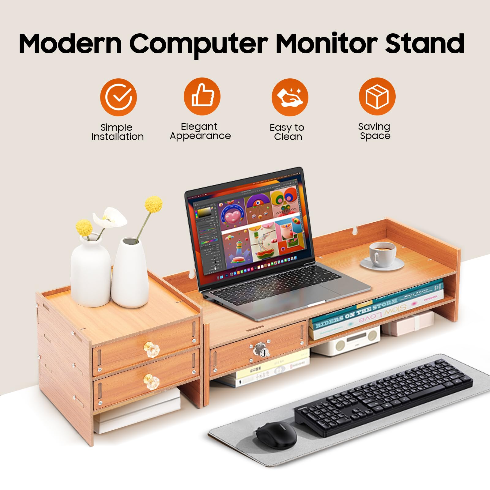 Supporto per monitor con 3 cassetti e scomparto per chiavi, organizer da scrivania in MDF, 65,5 cm, altezza regolabile per ufficio/casa, effetto legno, con supporto per cellulare e chiavi