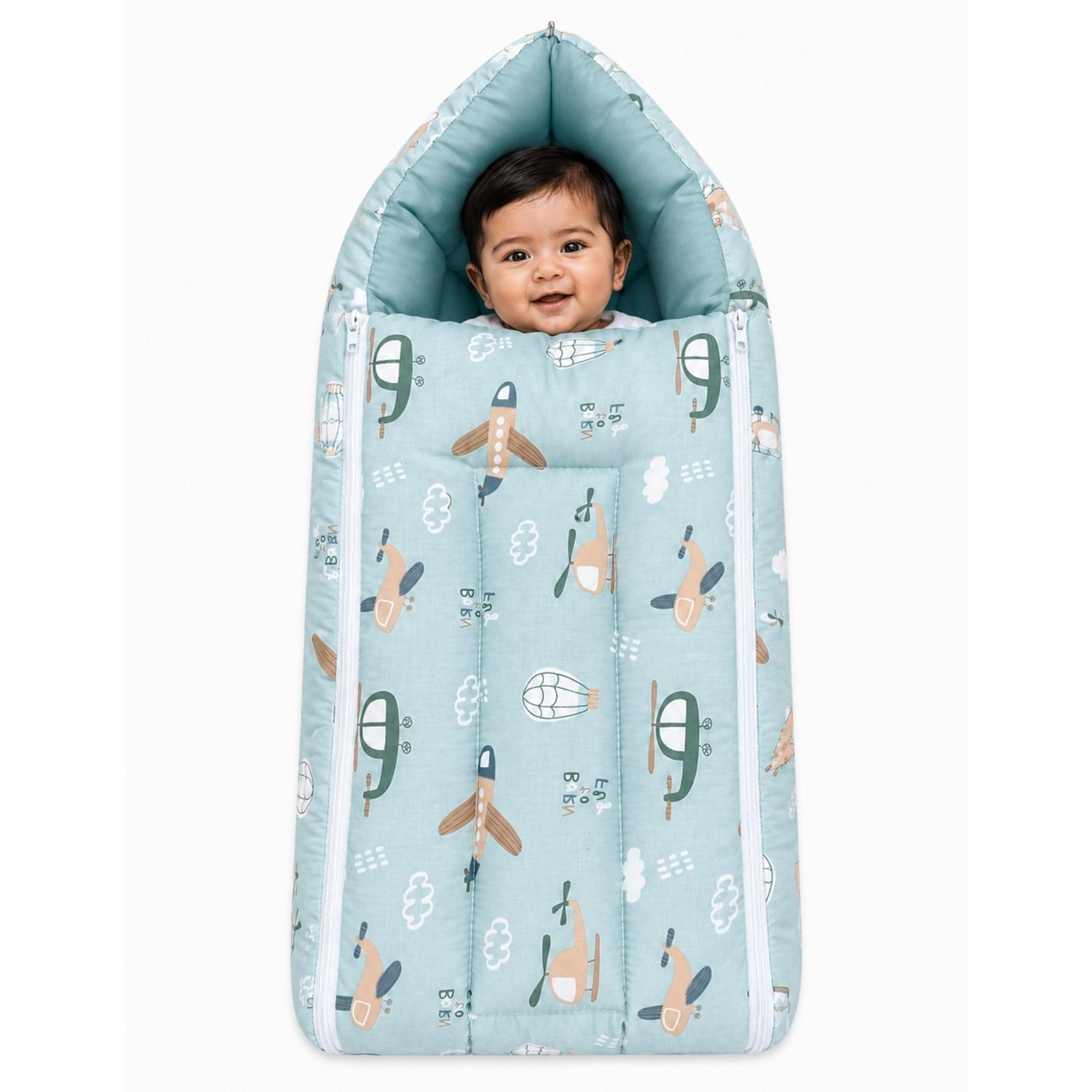 3 in 1 Baby Sleeping Bag for New Born 0-6 Months | Soft Cotton Carry Nest & Portable Baby Bed | Breathable Foldable Infant Bedding with Side Cushion | Blue Aviator-image-46