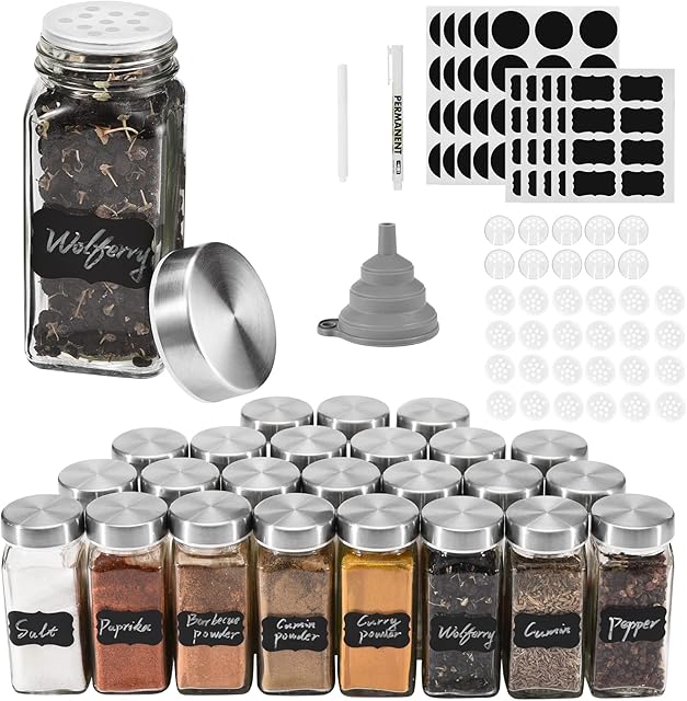 ROSNONG 24 Spice Jars with Lids, 4oz Square Glass Spice Jars with Labels, Cooking Spice Containers with Airtight Stainless Steel Caps and Shaker Lids, Spice Bottles Set, 1Pen,110 Labels, Funnel