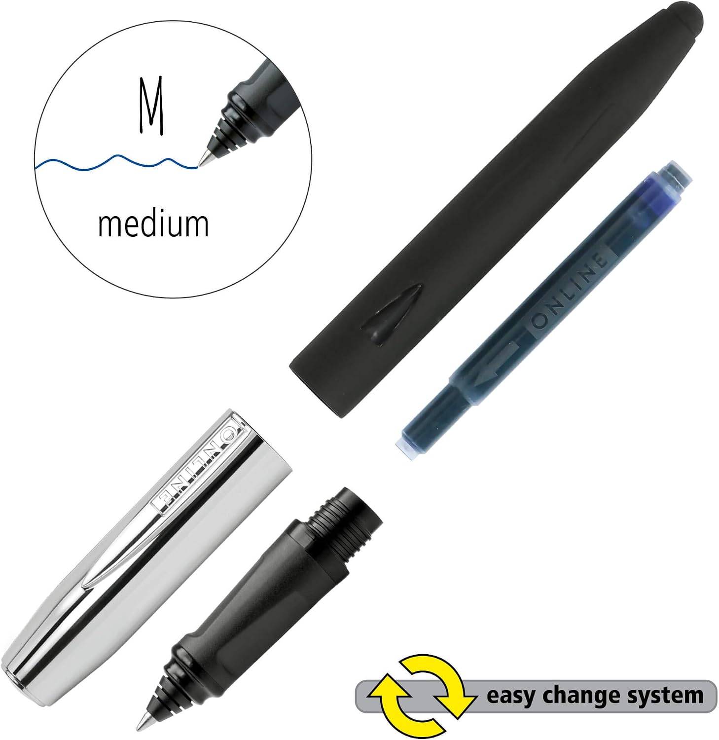ONLINE Rollerball Switch Expert Chrome, ink cartridge roller and touch pen, ergonomically shaped,for left-and right-handed,stylus tip for tablets & smartphones, multifunction-pen incl. cartridge blue