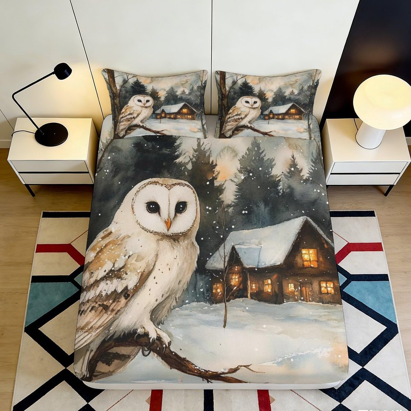 3D Printed Snowy Owl Fitted Sheet Microfiber Cabin Forest Bed Cover for Bedroom Guest Room Decoration 90x200x25cm