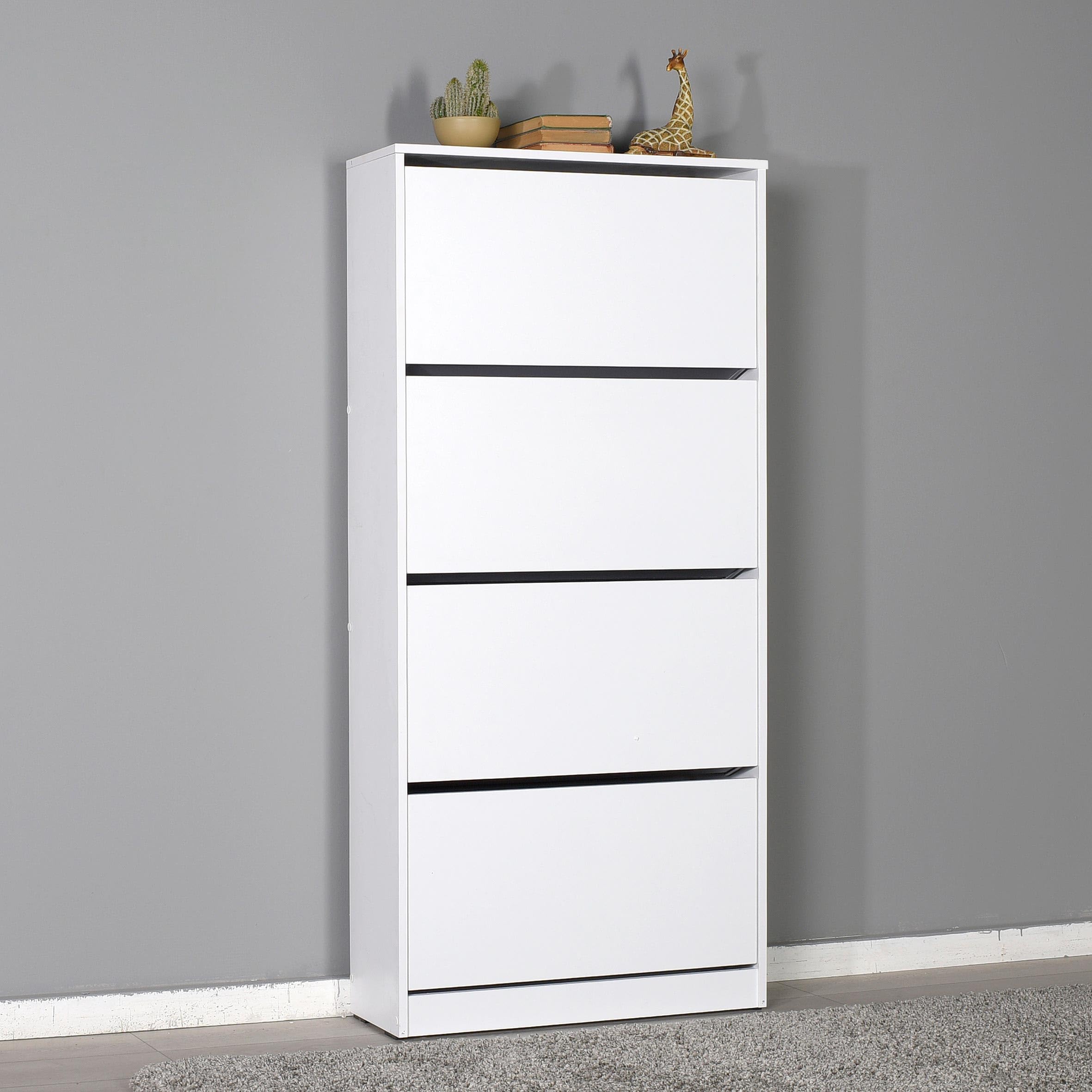 Buyqualia Zapatero Moderno de 4 Cajones, 169x56x34 cm, Capacidad 19+ Pares, Color Blanco, Montaje en Suelo