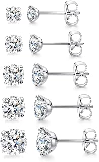 18K White Gold /Gold Plated Round Cut Cubic Zirconia Stud Earrings Sets for Women and Men 5 Pairs 3-7mm, Brass, Cubic Zirconia
