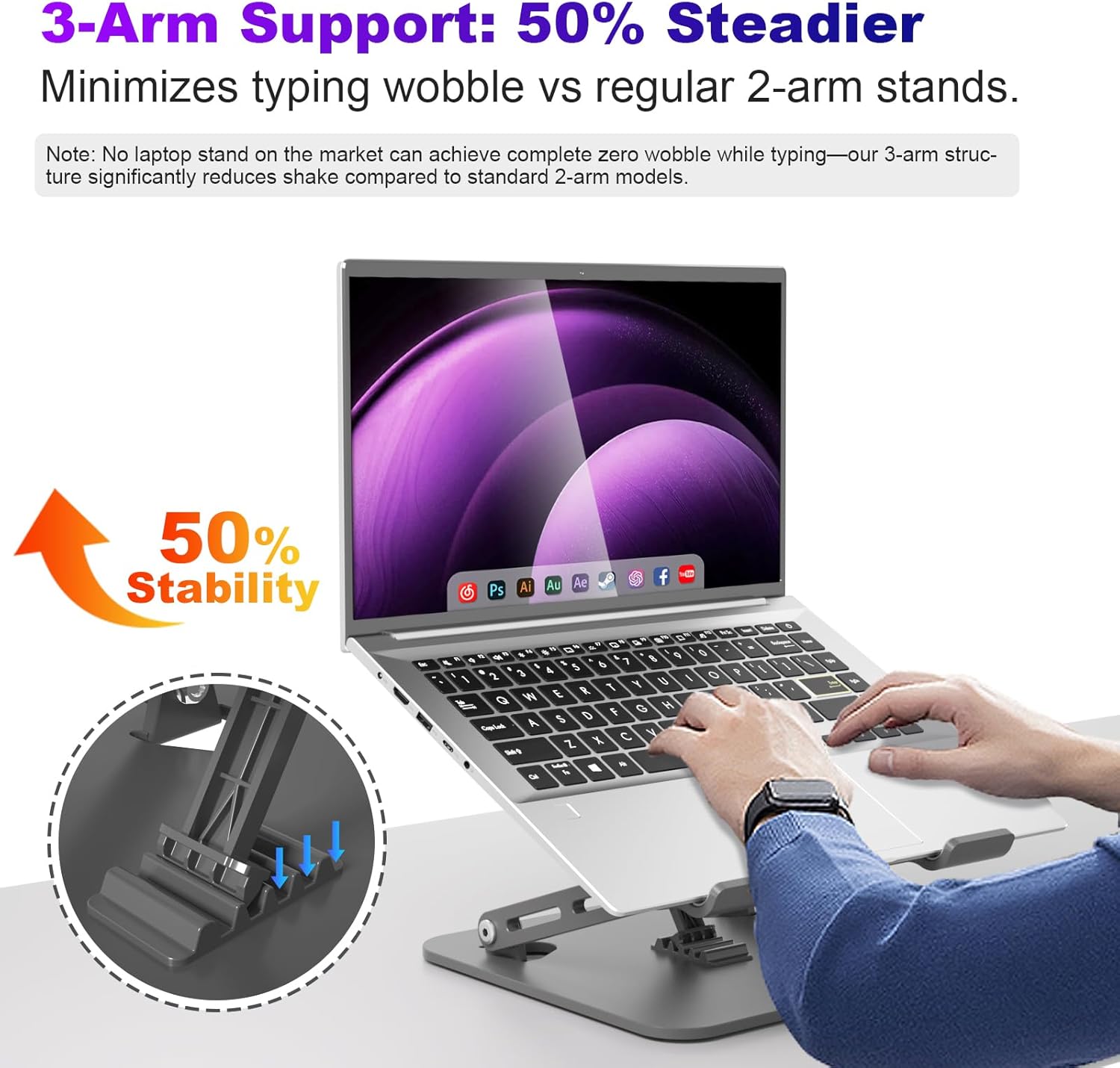 Adjustable Laptop Stand for Desk, Portable Laptop Riser with 3 Support Arms, Super Sturdy Foldable Metal Ventilated Ergonomic Notebook Holder for MacBook/Dell/HP (10-17.3'')