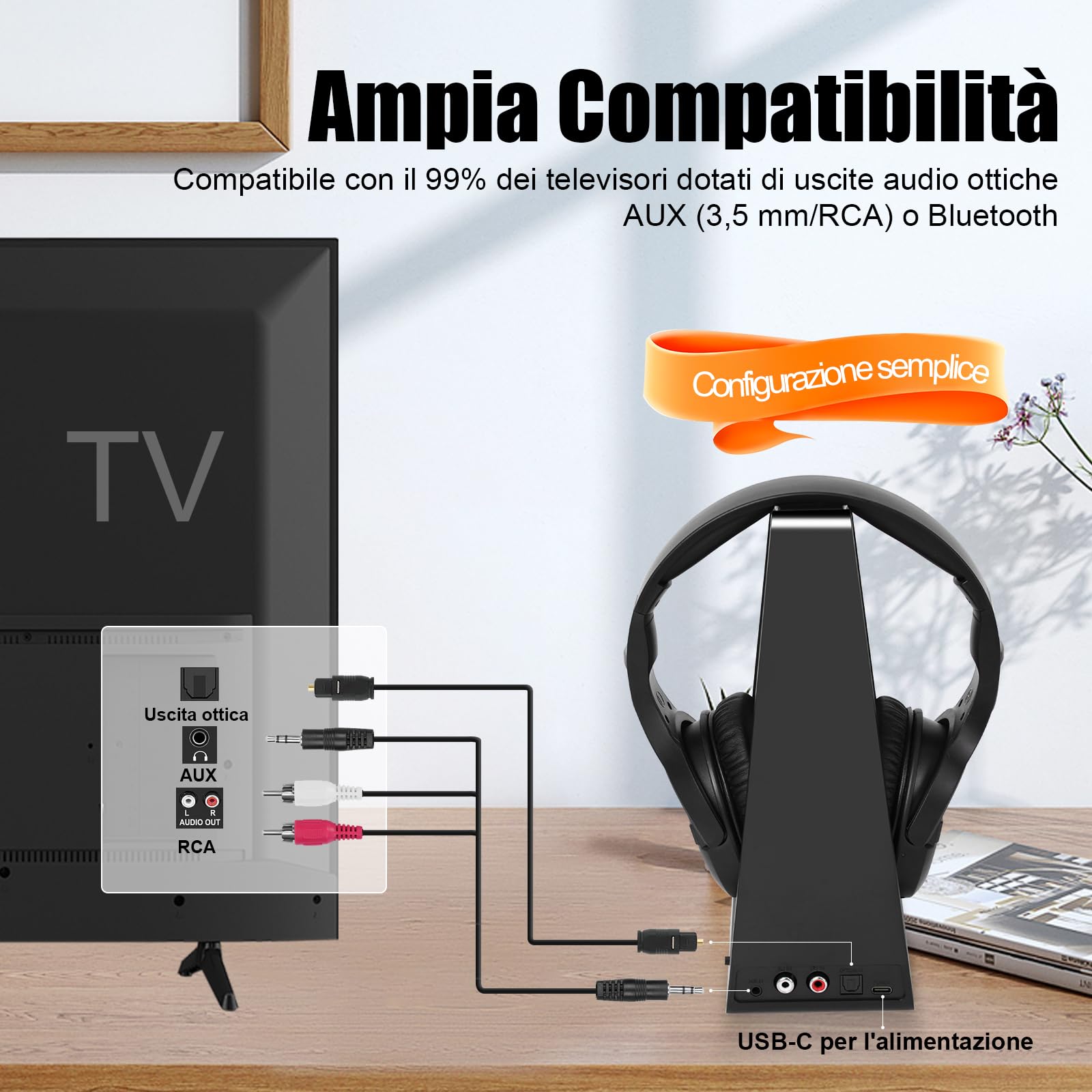 Cuffie TV Senza Fili con Base Trasmettitore di Ricarica, Cuffie Wireless per TV, Pulsanti Grandi e Amplificazione del Suono per Anziani, 20H di Autonomia, Cuffie Bluetooth Leggere e Confortevoli