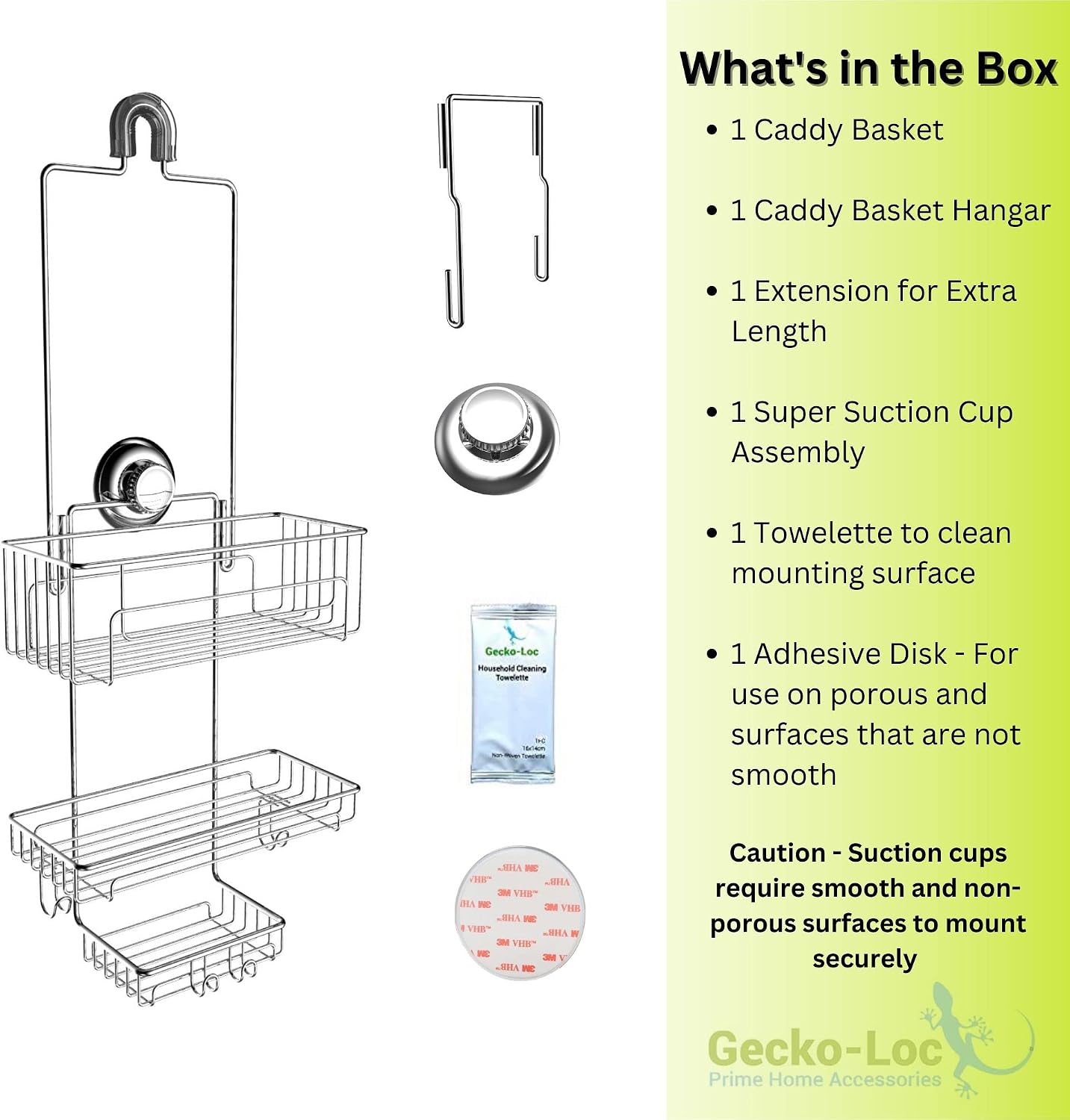 Gecko-Loc Long Adjustable Length Deep Storage Over the Showerhead Hanging Shower Caddy Organizer - Silver