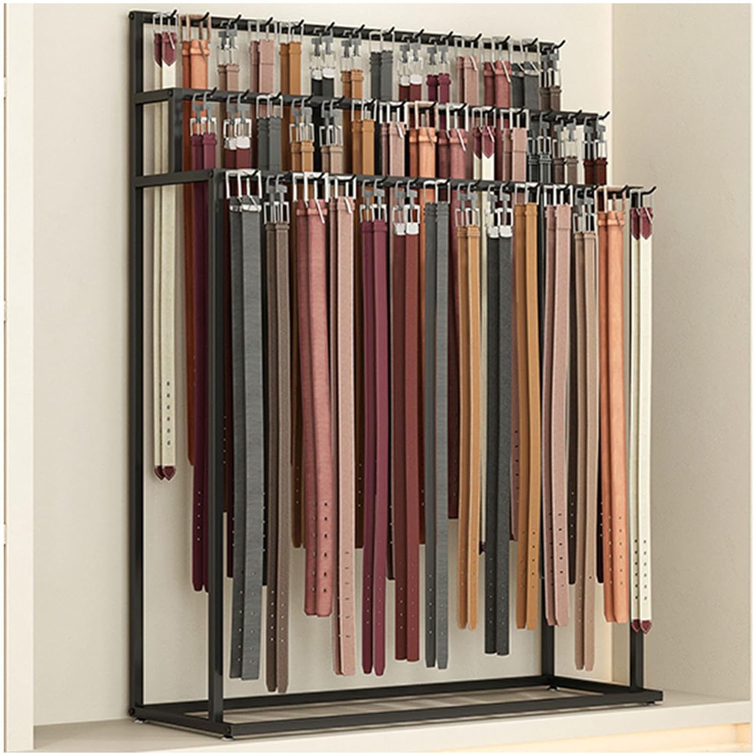 Floor Standing Belt Hangers Metal Display Stand, Commercial Scarf Stand Shawls Purse Shelf Tie Rack, Men Closet Accessories Organizer Belt Storage Hook,Black-100x40x150CM