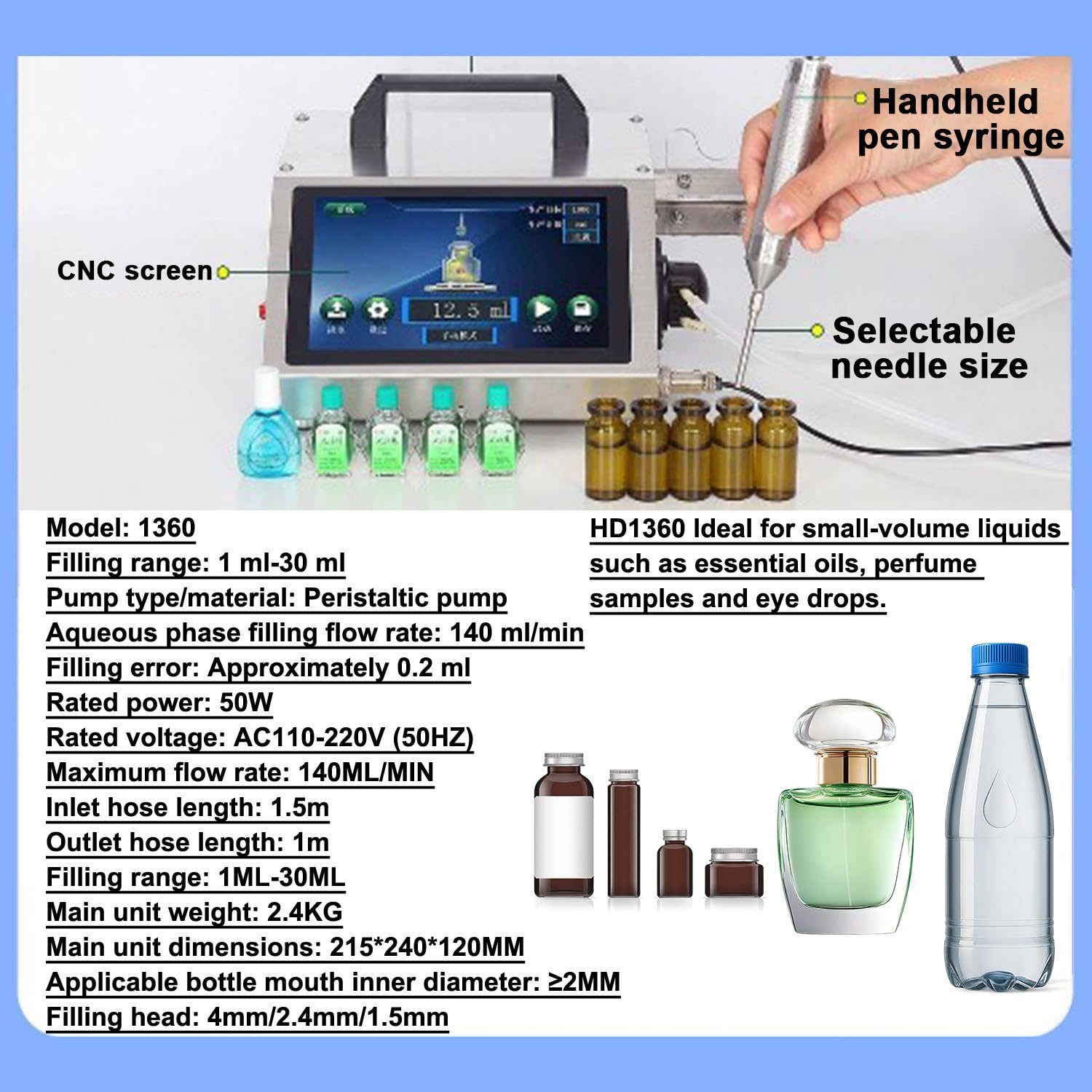 Automatyczna maszyna do napełniania płynami, cyfrowe precyzyjne napełnianie z dyszą igłową i sterowaniem LCD, 1-100 ml do olejków eterycznych, perfum, kropli do oczu