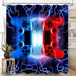 Gaming Shower Curtain for Bathroom, Red Blue Flash Game Controller Video Game Gamepad Cooling Funny Kids Boys Teen Waterproof Fabric Bath Shower Curtain Set with Hooks, 72"x72" Inch