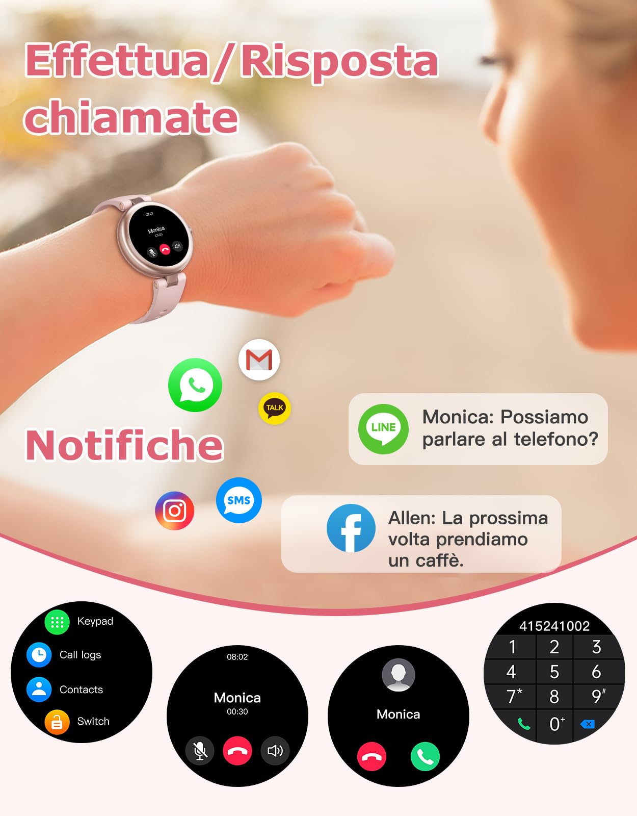 SHANG WING Smartwatch Donna Piccolo Rotondo Risposta Chiamate per Android iOS Orologio Contapassi Cardiofrequenzimetro da Polso Saturimetro Orologio Fitness Notifiche 100+ Modalità Sportive