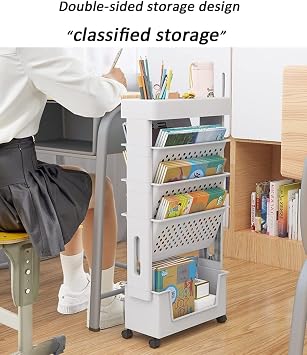 Mobile Bookshelf with Wheel, Large Capacity Magazine Rack Book Cart Removable Storage Organizer Kids Bookshelf, Multi Purpose Rolling Cart for Home School(White)