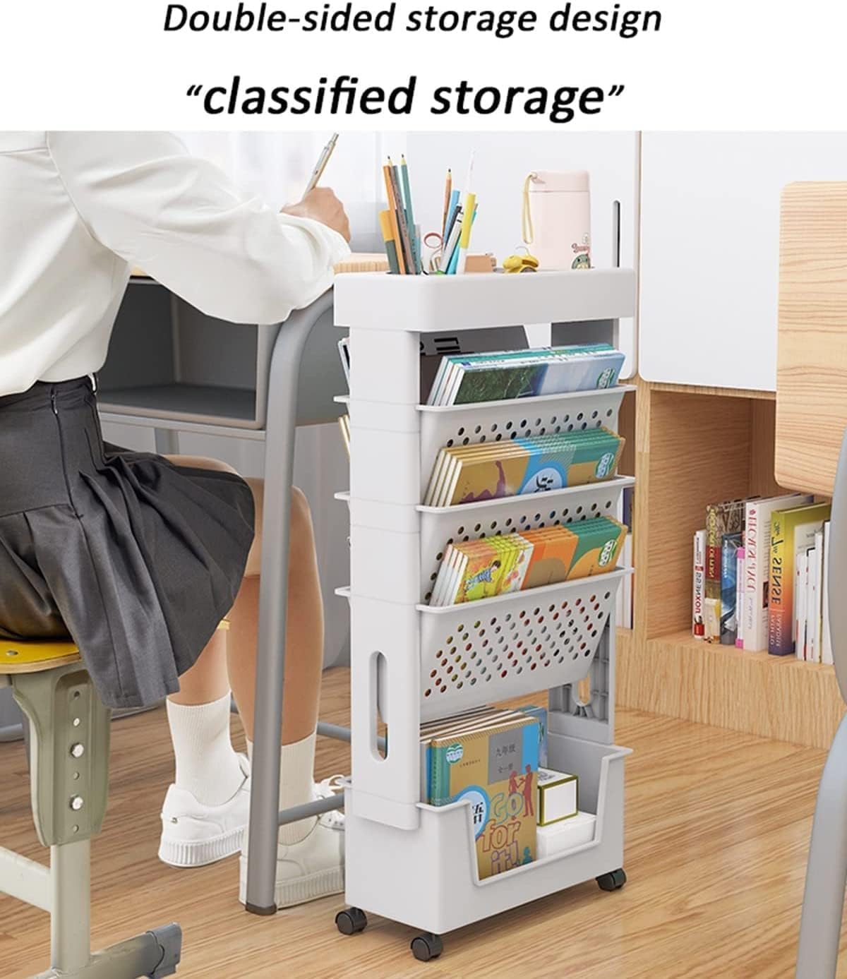 Libreria mobile da scrivania for aule, carrello multiuso a 5 livelli con ruote, organizer da scrivania for libri, portariviste, carrello portaoggetti sottile for casa, cucina, ufficio, studio, dormito