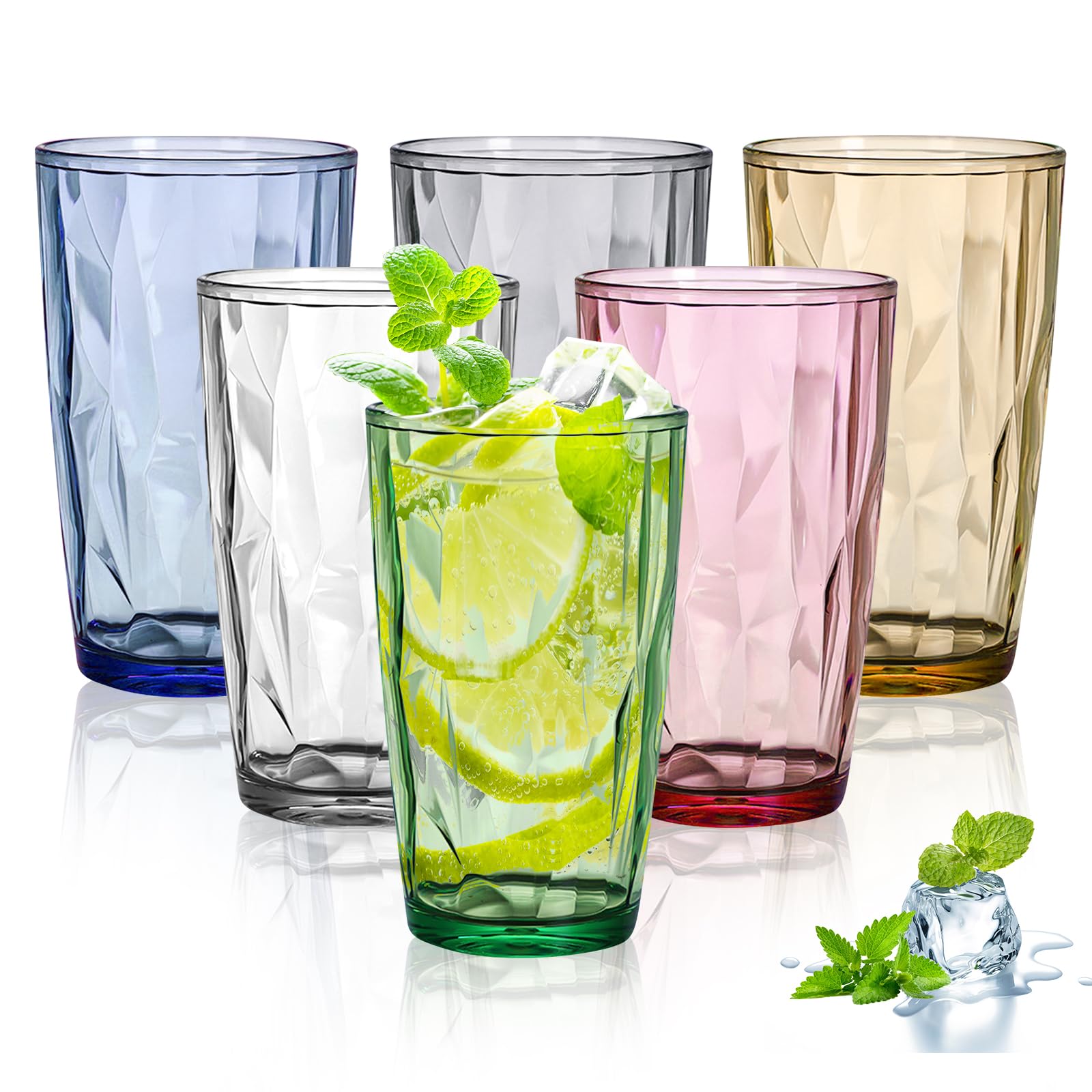 BYZESTY Zestaw 6 Dużych Szklanek do Picia, 470 ml - Kolorowe Akrylowe Kubki o Wyglądzie Szkła Kryształowego do Wody, Koktajli, Longdrinków i Soku