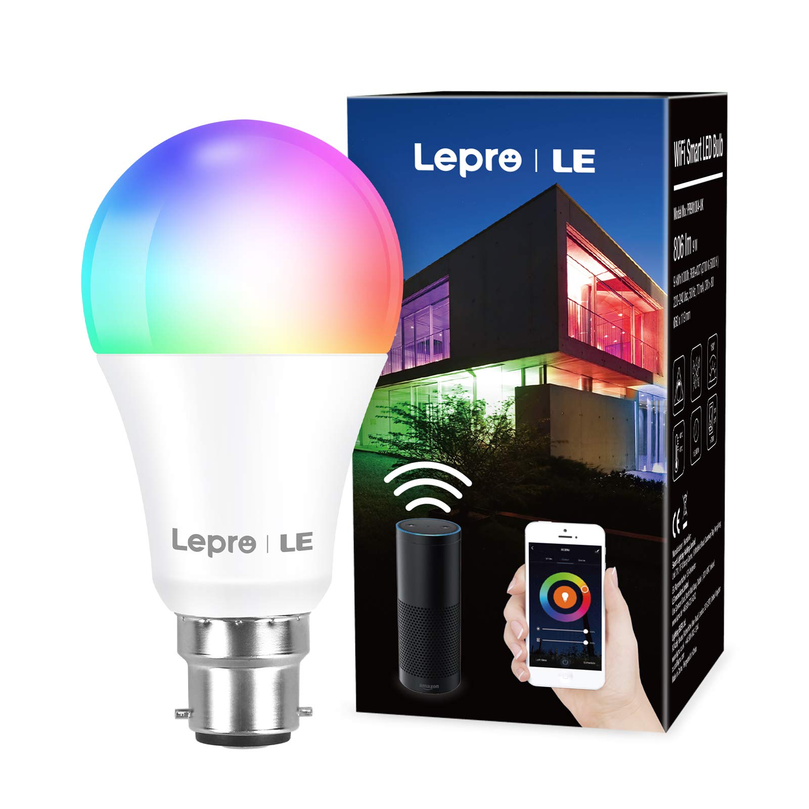 Lepro Smart Bulb, B22 Smart LED Light Bulb, 9W=60W, 806lm, RGB CW Colour Changing WiFi LED Lamp Bulb, Works with Alexa and Google Home, 2700K-6500K, No Hub Required, (2.4GHz Only)