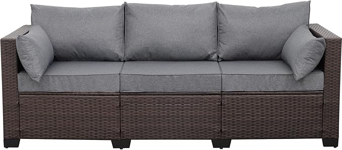 WAROOM Patio Couch PE Wicker Outdoor 3-Seat Sofa Brown Rattan Furniture Set Deep Seating with Anti-Slip Grey Cushion