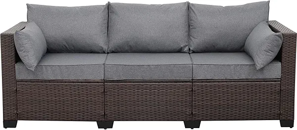 WAROOM Patio Couch PE Wicker Outdoor 3-Seat Sofa Brown Rattan Furniture Set Deep Seating with Anti-Slip Grey Cushion