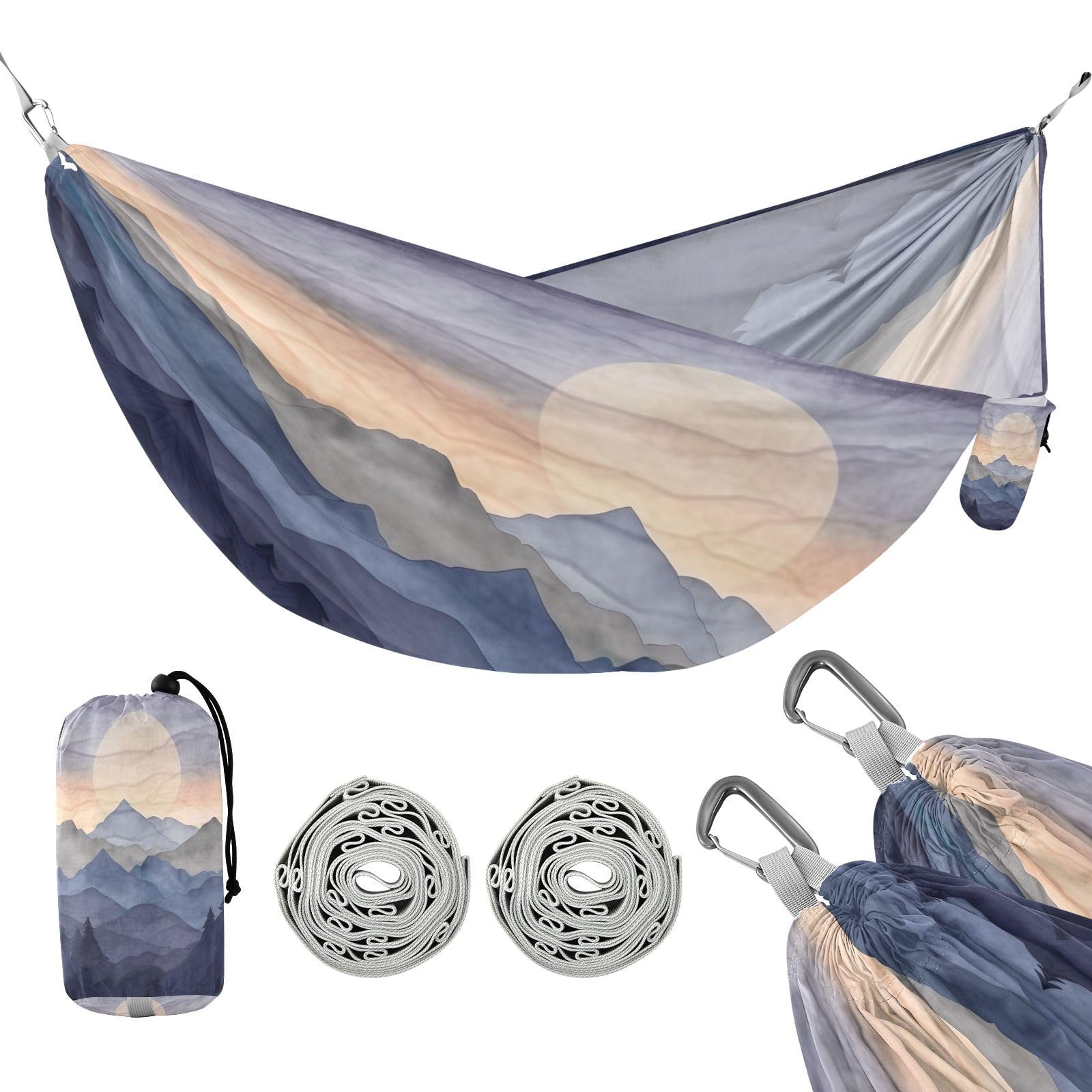 Haskirky Sunset with Mountains Camping Hammock, Single Portable Hammocks with Tree Straps & Attached Carry Bag, 330Lbs Capacity Perfect for Outside Indoor Hiking Beach Backpack Travel