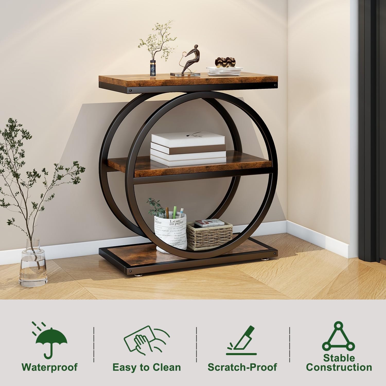IBUYKE Narrow End Table with 3 Storage Shelves, Industrial Sofa Side Table, Double Round Metal Frames, Slim Nightstand and Bedside Table for Bedroom, Living Room, Rustic Brown UTMJ418H