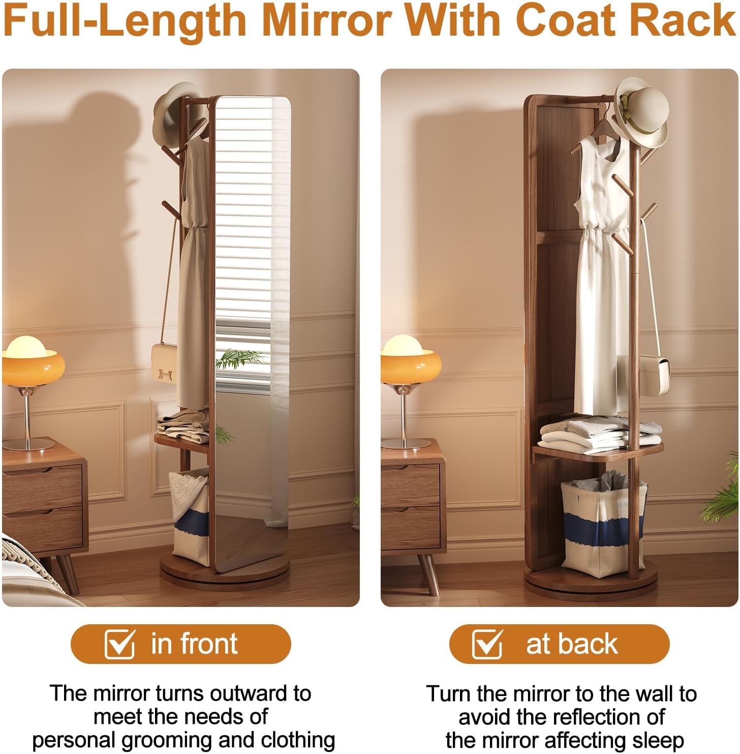 70"x19"Full Length Mirror with Stand,Coat Rack with Mirror,Solid Wood Floor Mirror,Swivel Mirrorfor Bedroom, Living Room, Cloakroom - Image 8