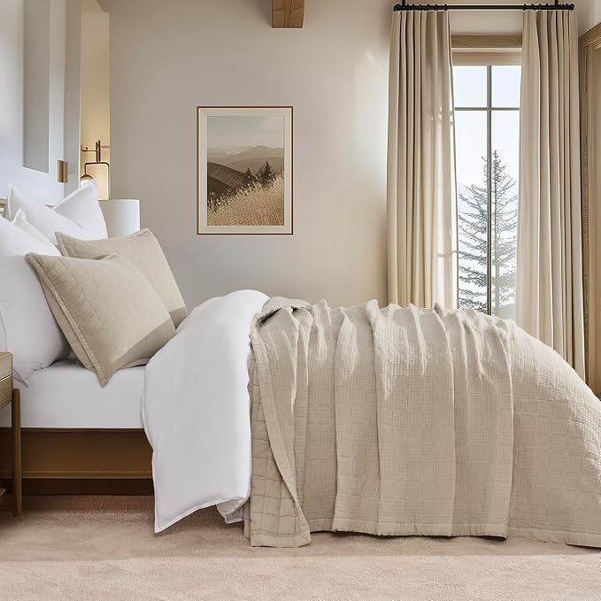 Stonewashed Cotton Quilt Set King Size, Ultra Soft Oversized Bedspread Coverlet Set, Lightweight Crinkle Box Stitch Bedding Sets for All Season, with 2 Shams, Flax Beige